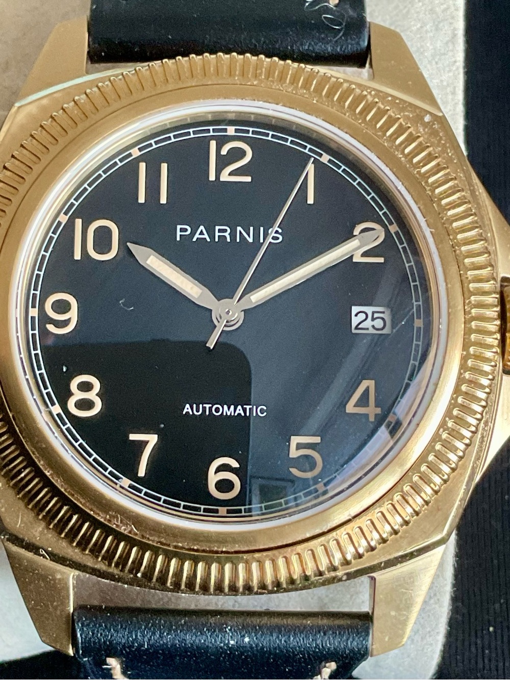 EUC Classic 41mm Black/Gold Automatic Parnis Cushion Case Fluted Bezel Date